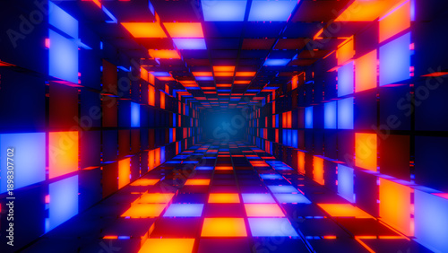 Digital tunnel with glowing orange and blue checkerboard patterns creating an abstract visual experience
