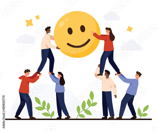 Group of diverse people collaborating to lift a large smiley face, symbolizing successful cooperation, positive results, and unity, isolated on white background vector illustration