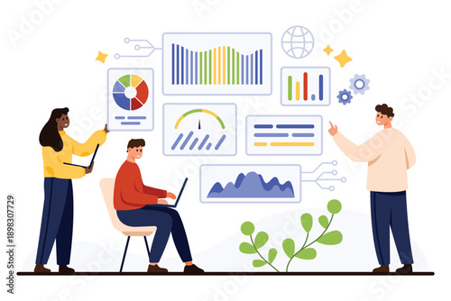 Team of backend developers collaborating on data analytics, charts, and dashboard interface for technology project, showing teamwork and digital workflow, isolated on white background vector