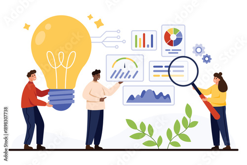 Business team analyzing charts, graphs, and statistics with magnifying glass and lightbulb, representing data analytics, teamwork, and innovation isolated on white background vector illustration