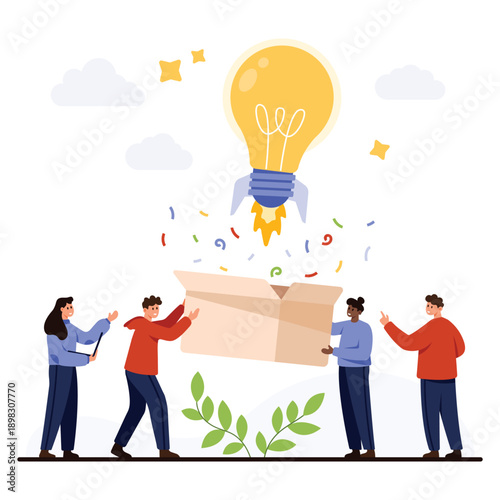 Group of people opening box with rocket lightbulb launching, symbolizing innovation, brainstorming, and fresh ideas, isolated on white background vector illustration