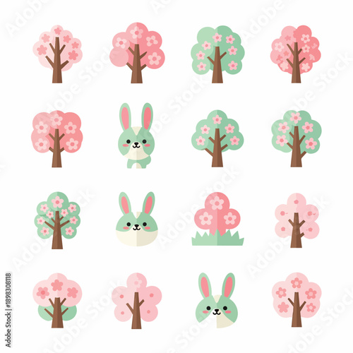 Pastel Cherry Blossom Trees and Rabbits