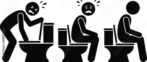 Three individuals experiencing varying levels of discomfort while using toilets