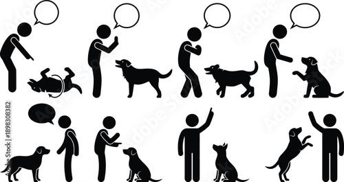 Illustrations of people interacting with dogs in various scenarios