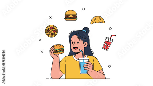 Young girl holding a burger and drinking soda with pizza, croissant, and hamburger icons floating around her for food concept.