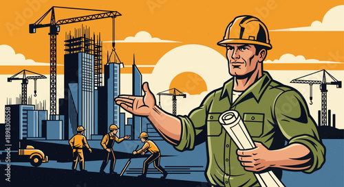 A vector art illustration of a project manager holding blueprints at a construction site, with workers, buildings, and cranes. Great for construction, design, and architecture concepts.