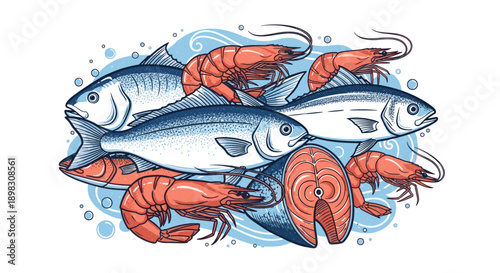 Cartoon illustration of various seafood, including whole fish, shrimp, and a slice of salmon. Blue water and bubbles add a fresh, aquatic feel. Ideal for restaurant menus.