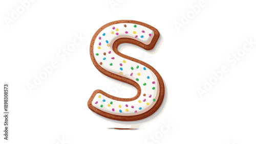 Gingerbread or sugar cookie shaped like the letter S with white icing and colorful rainbow sprinkles for a dessert treat.