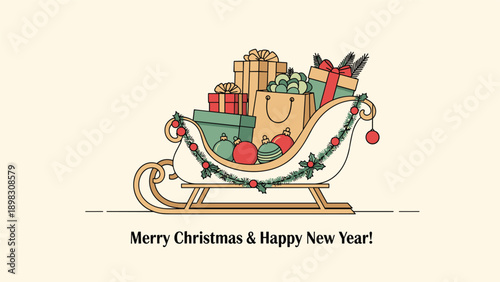 Traditional Christmas sleigh filled with wrapped gift boxes, bags, and ornaments decorated with a festive garland.