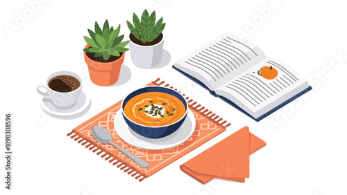 Healthy bowl of pumpkin or carrot soup served on a table next to an open book, coffee, and potted succulents.