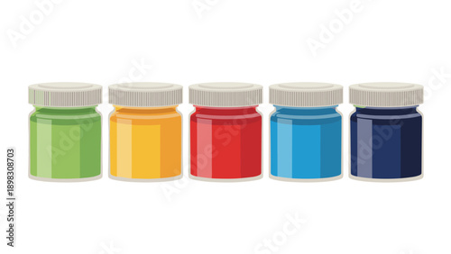 Set of five glass paint jars with colorful lids in green, yellow, red, blue, and dark navy for creative arts and crafts.