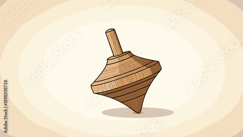 Traditional wooden spinning top toy depicted in motion against neutral background with soft shadows for childhood theme.