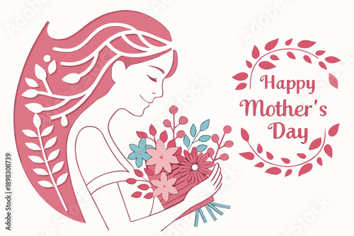 Happy mothers day card with papercut mom and flowers illustration