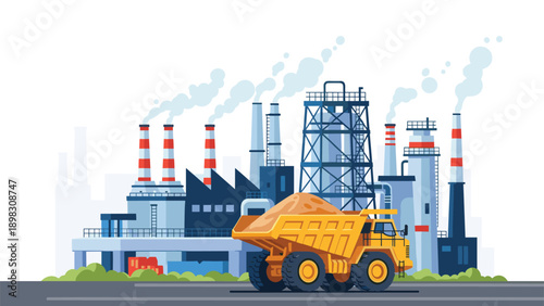 Large industrial plant or factory with smoking chimneys and a heavy mining truck carrying earth in the foreground.