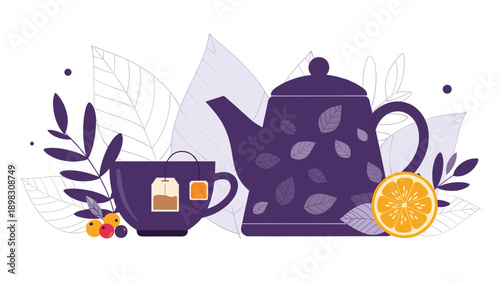 Artistic tea composition featuring purple teapot with leaf pattern, matching teacup, orange slice, and decorative foliage.