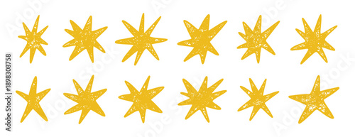 Hand drawn textured yellow stars set grunge line art design