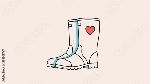 Pair of white rubber rain boots with a blue stripe and a small red heart icon on a soft pink background for autumn season.