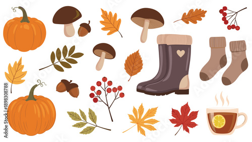 Collection of various autumn themed elements including pumpkins, mushrooms, leaves, acorns, berries, rubber boots, and socks.