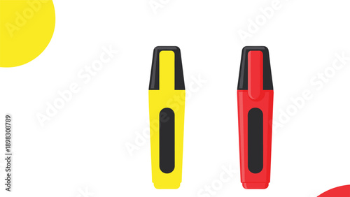 Yellow and red neon marker pens or highlighters standing upright against a white background with abstract shapes.
