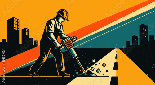 Graphic illustration of a construction worker using a jackhammer on a road against a cityscape in a retro style. Ideal for construction, industry, or infrastructure themes.