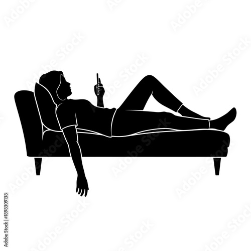 Bored Woman Lying On Sofa Scrolling Smartphone Silhouette Vector