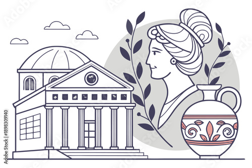 Ancient Greek Woman Bust and Temple Illustration.