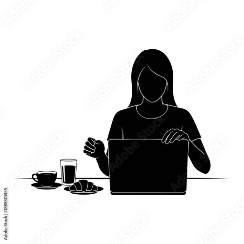 Woman Starting Work Day Laptop Breakfast Silhouette Vector