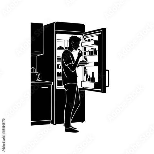 Hungry Man Eating Late Night Snack Open Fridge Silhouette Vector