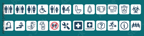 Public Restroom Signs: Comprehensive array of universal restroom and facility icons. A comprehensive collection of symbols to effectively guide and inform people navigating public spaces.