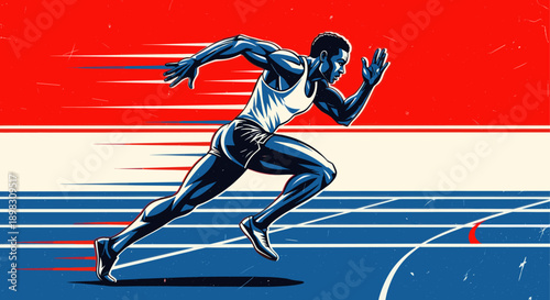 Illustration of a powerful runner sprinting on a track, depicted with bold colors and motion lines. Ideal for sports branding, athletic events promotion, or fitness campaigns.