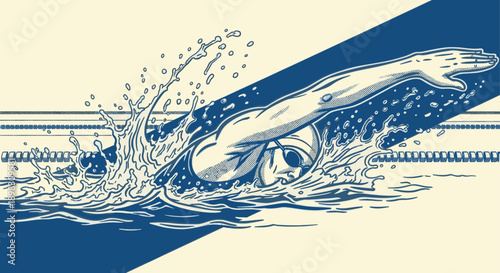 Graphic illustration of a swimmer doing the freestyle stroke in blue on a light beige background, with halftone and line art effects. Use for swimming, sports, fitness, recreation.