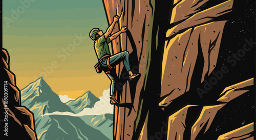 Illustrated image of a climber scaling a cliffside, with a mountain backdrop. Good for illustrating adventure, sports, fitness, challenges and outdoors themes.
