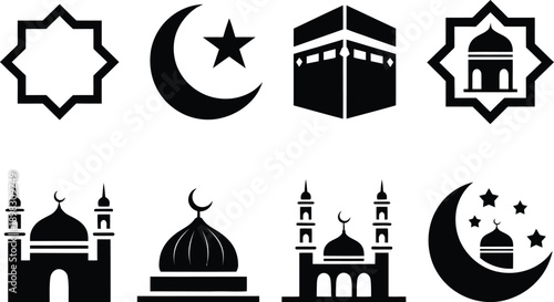 Diverse symbols representing islamic architecture and religious iconography