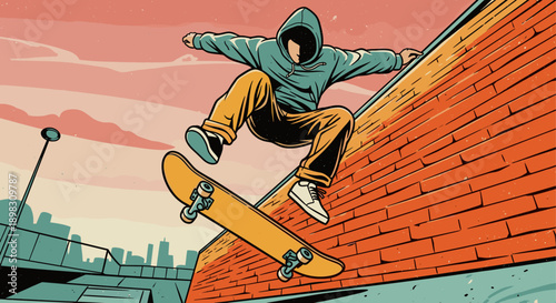 Illustration of a skateboarder in mid-air performing a trick on a ramp against a cityscape background. Graphic, comic book style image. Perfect for youth-focused campaigns.