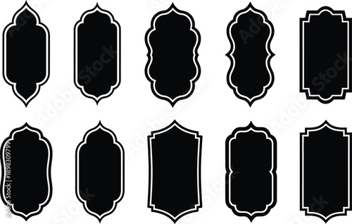 A collection of nine elegant black and white decorative frame shapes.