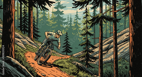 Illustration of a mountain biker riding downhill through a forest. Great for travel, recreation, outdoor adventure, or conservation-themed projects. Vintage, textured aesthetic.