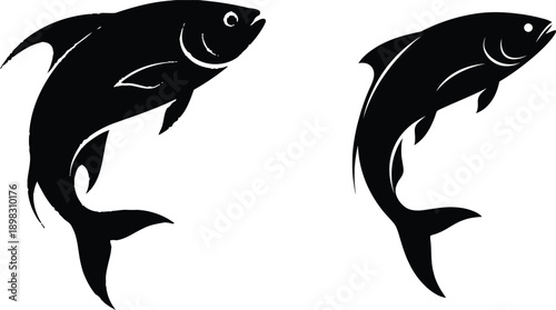 Black and white vector fish set with tribal tattoo style silhouettes