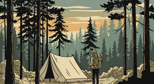 Illustration of a backpacker standing near a tent in a pine forest. Great for travel, adventure, camping, and outdoor lifestyle themes. The hand-drawn style evokes nostalgia and wanderlust.