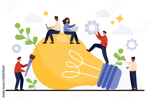 Creative team working together on innovation, brainstorming and problem solving with lightbulb symbolizing big idea, perfect for business teamwork and project planning vector illustration
