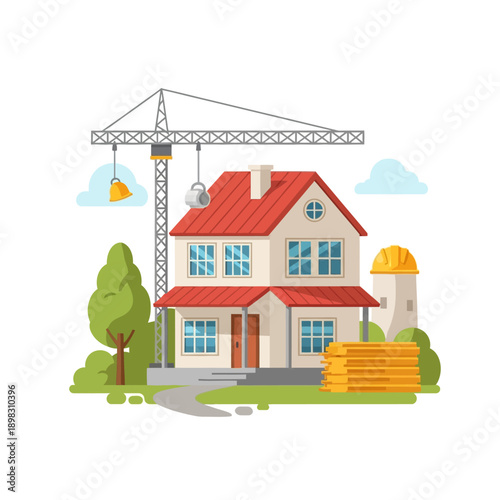 House Construction Site with Crane and Building Materials, Flat Design