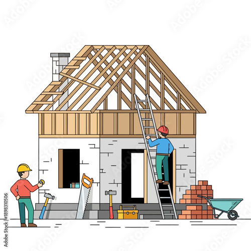 Construction workers building a house with tools and materials, illustration