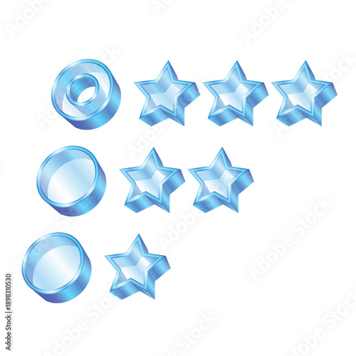 Transparent glass gradient 3D star icon with rating. Customer review, customer rating, feedback, service rating concept.