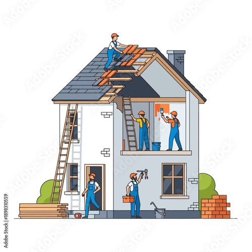 Home Renovation and Construction: Workers Repairing and Building a House
