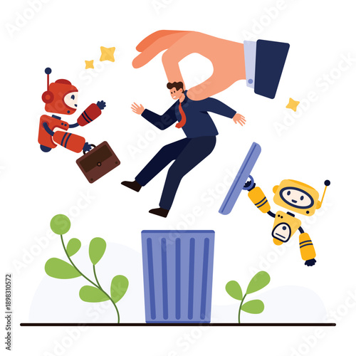 Depicts artificial intelligence robots taking over jobs as a human employee is discarded, symbolizing automation, job loss, and workplace transformation isolated on white background vector