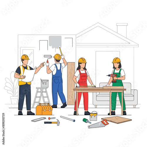 Construction Team Renovating House Interior, DIY Home Improvement Project