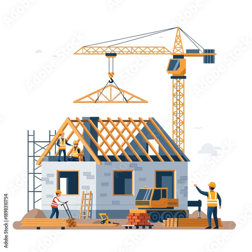 House Construction Site with Crane, Workers, and Building Materials