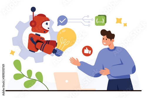 Robot handing lightbulb to man symbolizes artificial intelligence workflow automation teamwork innovation technology solutions for business and creative projects isolated on white background vector