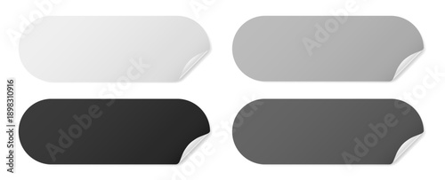 Set of long rounded paper stickers with silver foil back. Stick in notes. White, gray, and black colors. Multicolor post it notes. Sheets of paper. Tag, sticky note