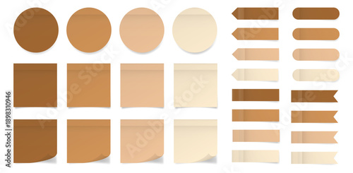 Set of square and round paper stickers. Stick in notes. Cream, ivory, beige, and brown colors. Multicolor post it notes. Sheets of paper. Tag, sticky note. Pointed bookmarks