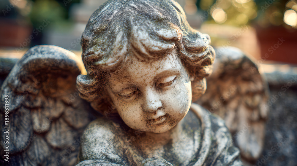 Fototapeta premium Weathered stone cherub statue with delicate wings and serene expression bathed in warm natural light outdoors with blurred background in soft focus